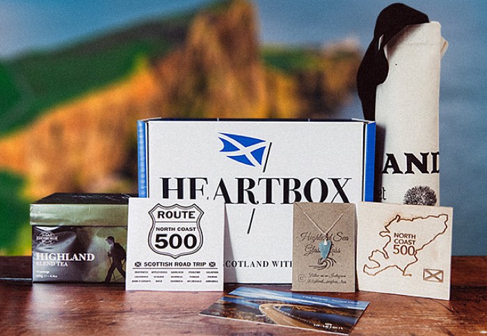 NC500 Heartbox with a sea glass necklace and a sycamore map coaster