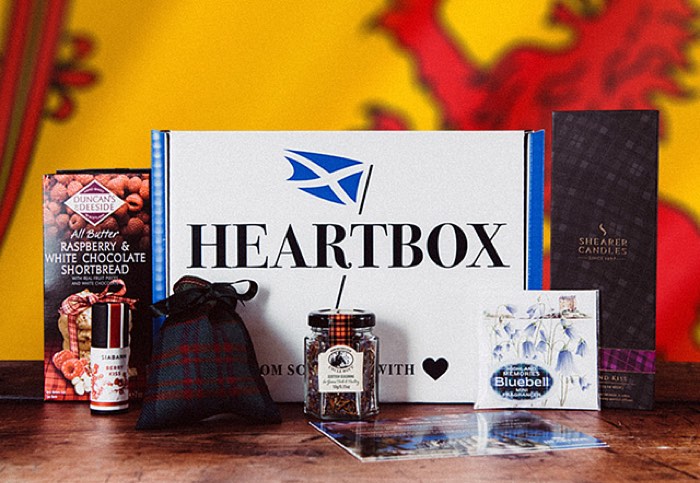 Scotland in Spring Heartbox with a reed diffuser and raspberry shortbread
